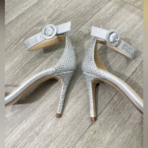L'AGENCE Vivienne Cocktail Crystal Embellished Heel Sandals Silver 37.5 US 7.5 - Picture 10 of 13